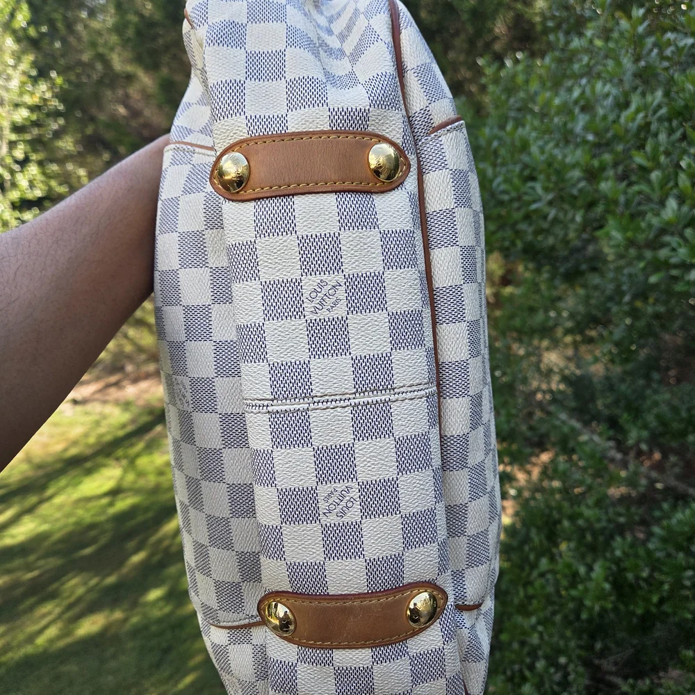 Louis Vuitton Damier Azur Canvas Shoulder Bag with Brown Leather Trim